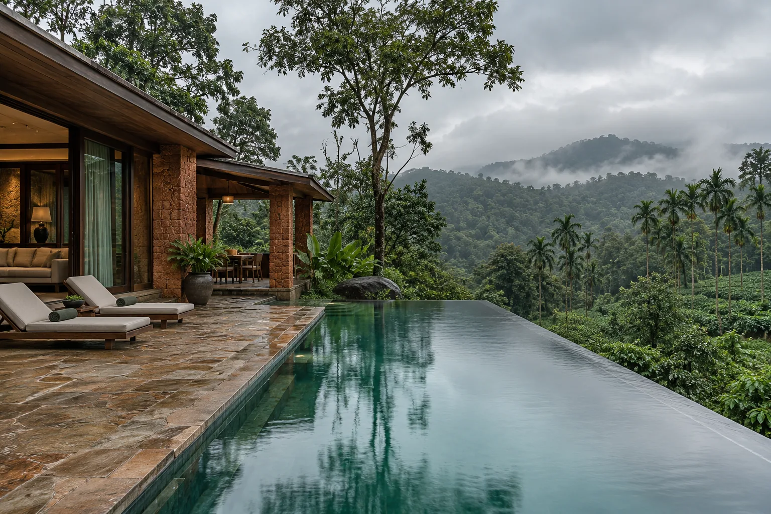 A private pool overlooks lush Coorg coffee hills
