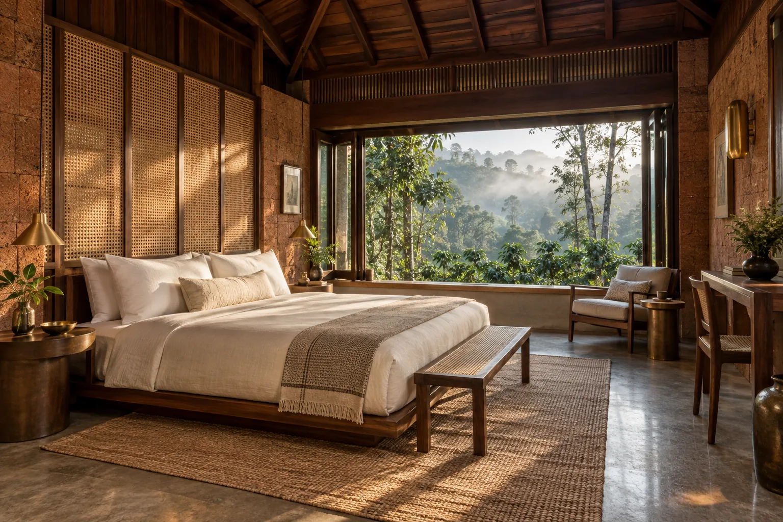 A timber villa bedroom opens to the forest