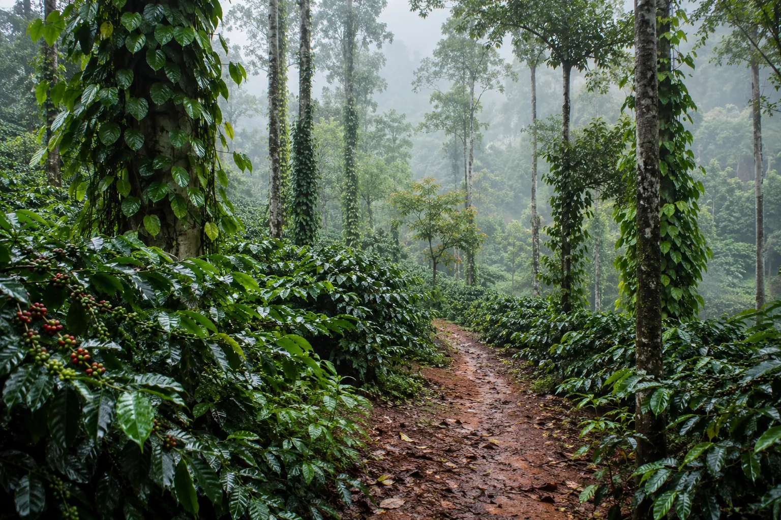 A misty trail through a Coorg coffee plantation